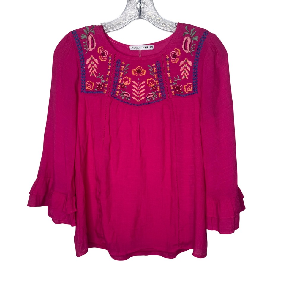 FIGUEROA & FLOWER Pink Embroidered Bell Sleeve Peasant Blouse PS Boho Festival